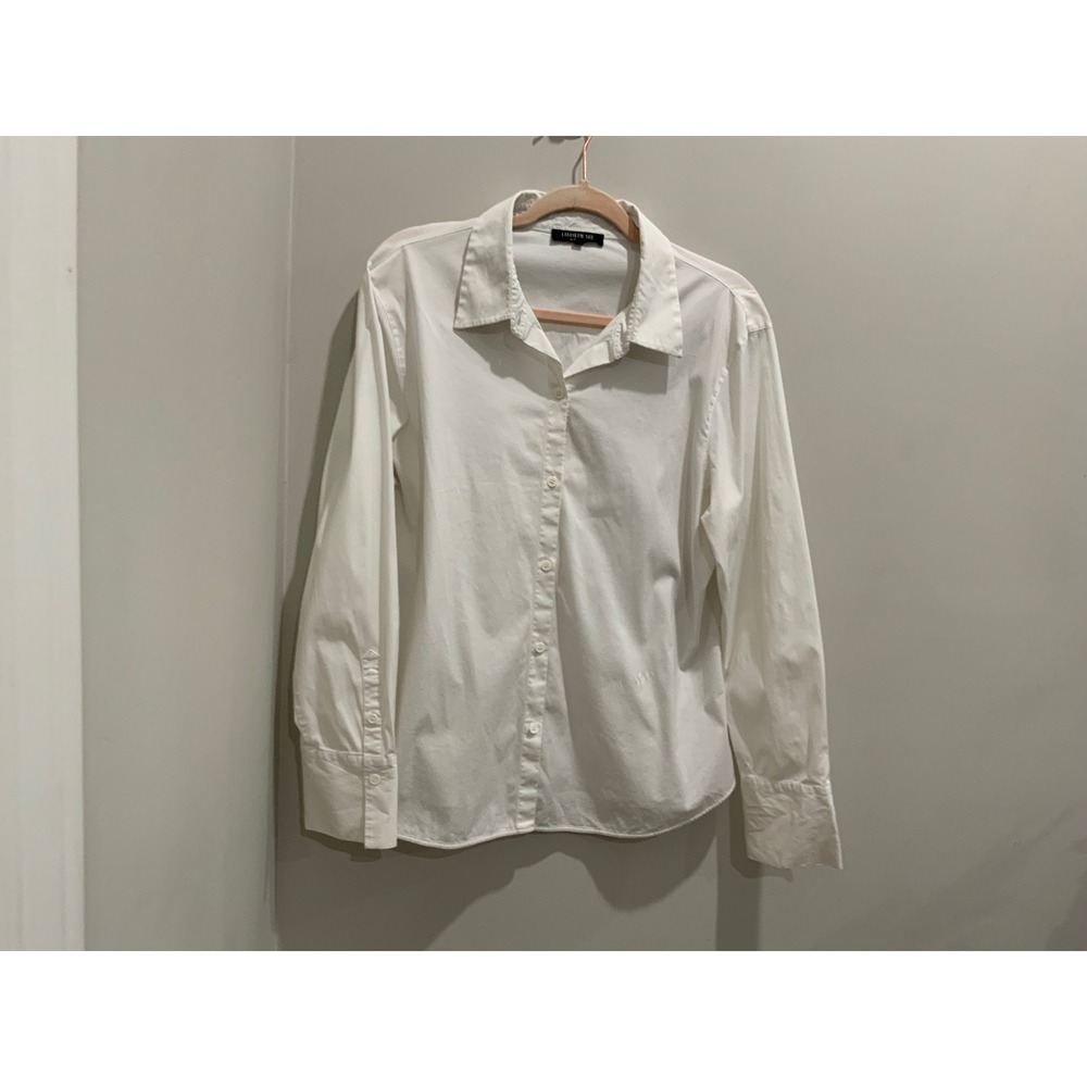 Lafayette 148 New York White Cotton Blend Button Down Shirt Chain Trim Collar L